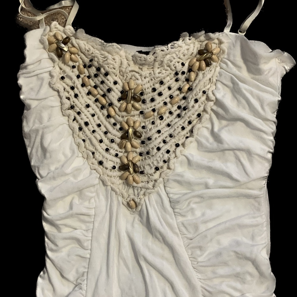 Cute white ruched crochet with beads tank top